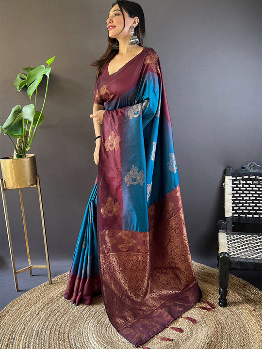 Maroon And Blue Soft Silk Saree With Blouse Piece