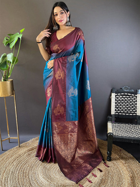 Maroon And Blue Soft Silk Saree With Blouse Piece