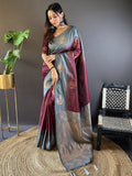 Grey  And Maroon Soft Silk Saree With Blouse Piece