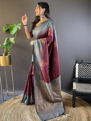 Grey  And Maroon Soft Silk Saree With Blouse Piece