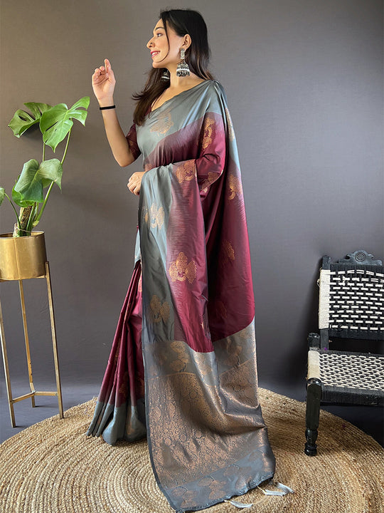 Grey  And Maroon Soft Silk Saree With Blouse Piece