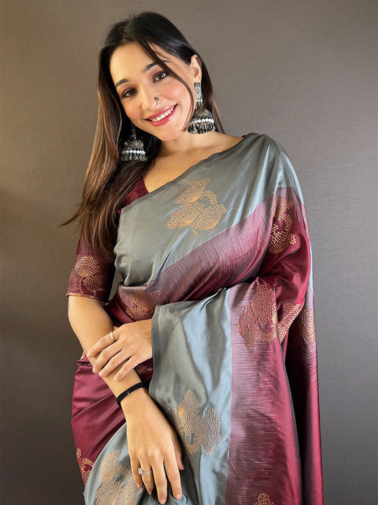 Grey  And Maroon Soft Silk Saree With Blouse Piece