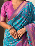 Rama Banarasi Silk Blend Saree With Blouse Piece