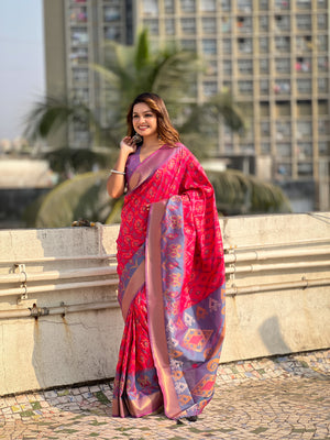 Pink Banarasi Silk Blend Saree With Blouse Piece