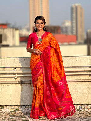 Red Banarasi Silk Blend Saree With Blouse Piece