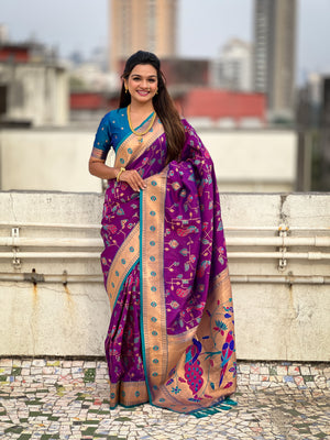 Wine Banarasi Silk Blend Saree With Blouse Piece