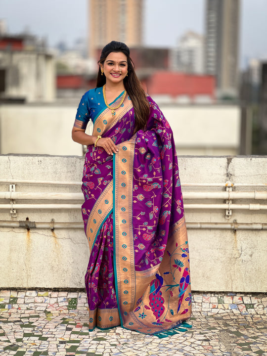 Wine Banarasi Silk Blend Saree With Blouse Piece