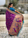 Wine Banarasi Silk Blend Saree With Blouse Piece