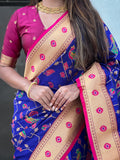 Blue Banarasi Silk Blend Saree With Blouse Piece