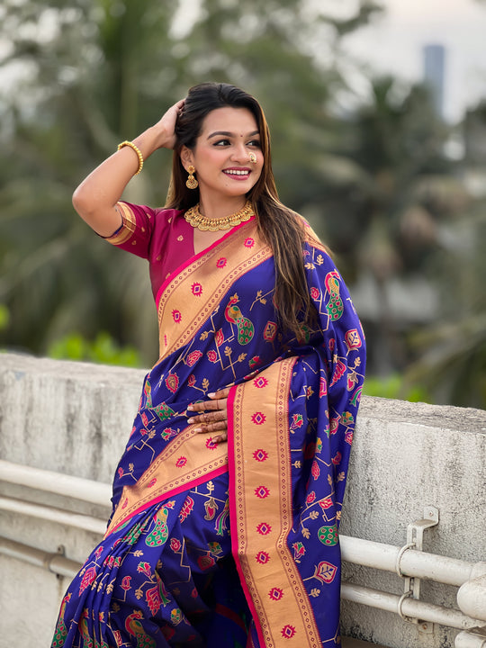 Blue Banarasi Silk Blend Saree With Blouse Piece