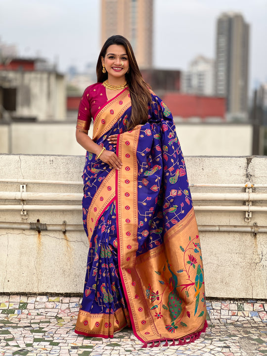 Blue Banarasi Silk Blend Saree With Blouse Piece