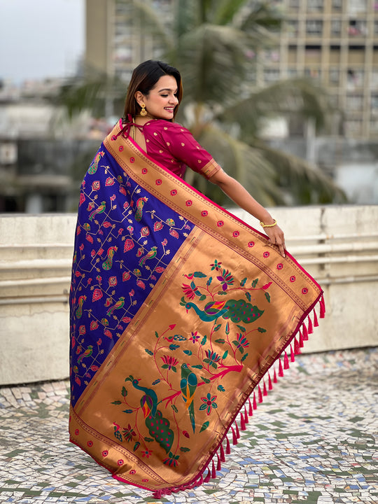 Blue Banarasi Silk Blend Saree With Blouse Piece