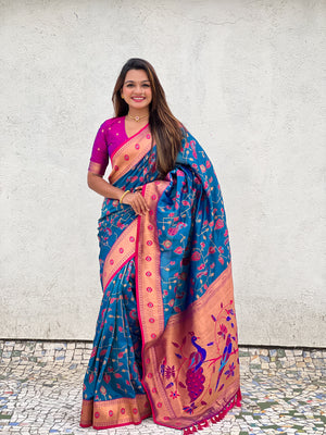 Rama Banarasi Silk Blend Saree With Blouse Piece