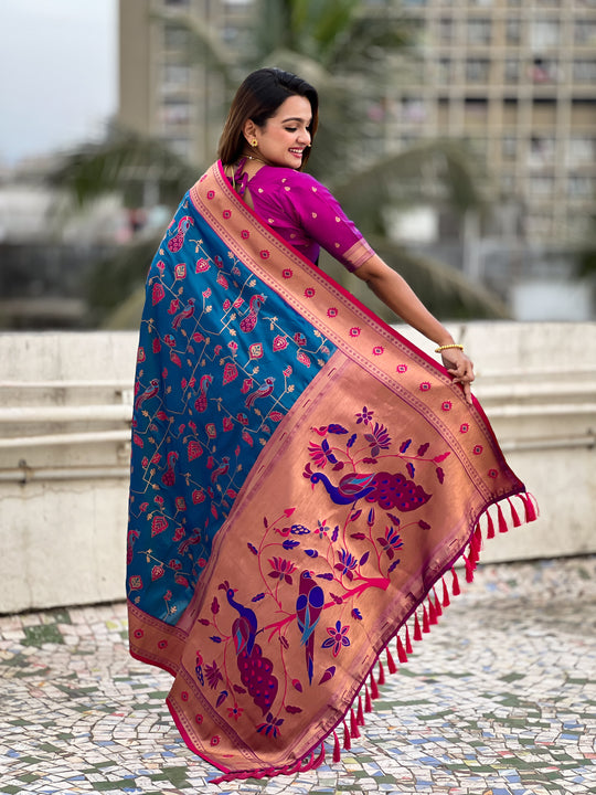 Rama Banarasi Silk Blend Saree With Blouse Piece