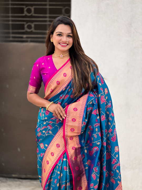 Rama Banarasi Silk Blend Saree With Blouse Piece