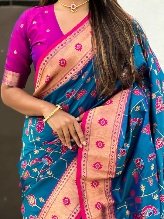 Rama Banarasi Silk Blend Saree With Blouse Piece