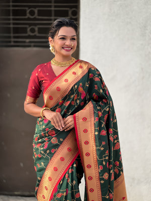 Green Banarasi Silk Blend Saree With Blouse Piece