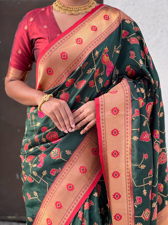 Green Banarasi Silk Blend Saree With Blouse Piece
