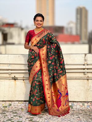 Green Banarasi Silk Blend Saree With Blouse Piece