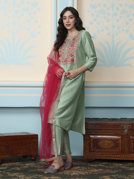 Green Floral Yoke Design Thread Work Kurta With Trousers & Dupatta