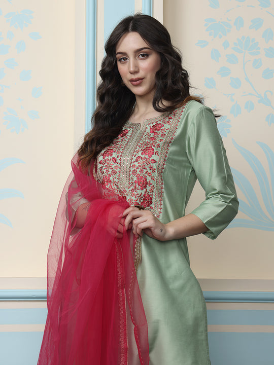 Green Floral Yoke Design Thread Work Kurta With Trousers & Dupatta