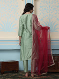 Green Floral Yoke Design Thread Work Kurta With Trousers & Dupatta