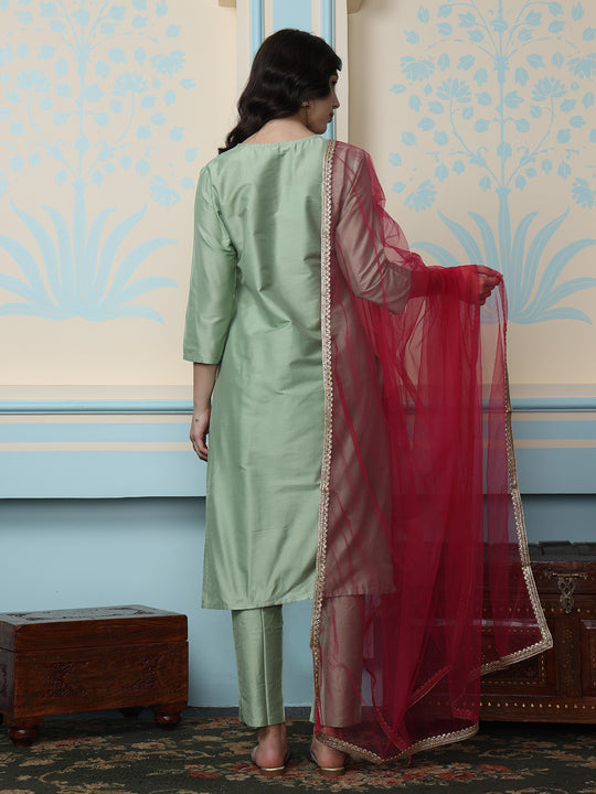 Green Floral Yoke Design Thread Work Kurta With Trousers & Dupatta