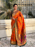 Orange Banarasi Silk Blend Saree With Blouse Piece