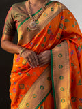 Orange Banarasi Silk Blend Saree With Blouse Piece