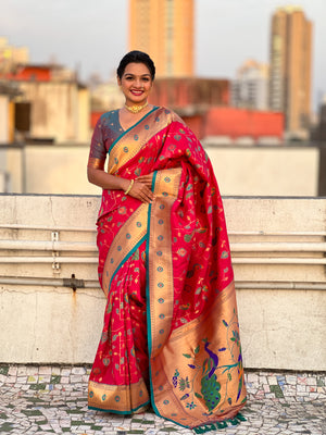 Red Banarasi Silk Blend Saree With Blouse Piece