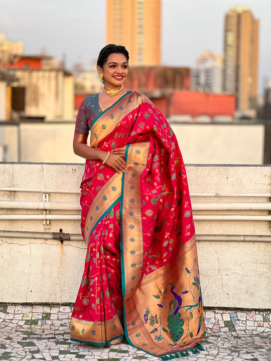 Red Banarasi Silk Blend Saree With Blouse Piece