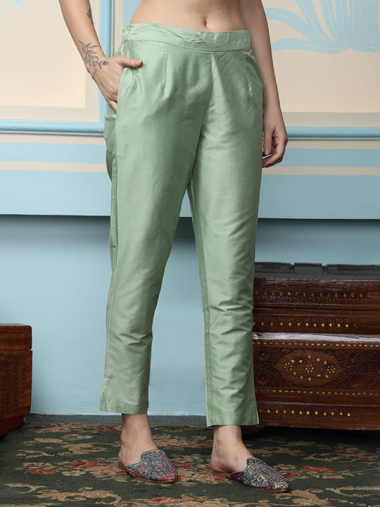 Green Floral Yoke Design Thread Work Kurta With Trousers & Dupatta