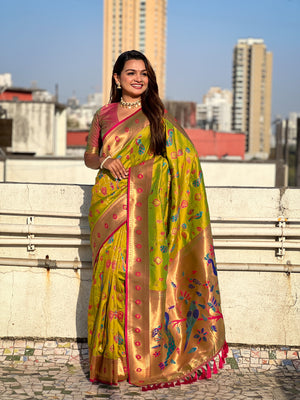 Mehandi Banarasi Silk Blend Saree With Blouse Piece