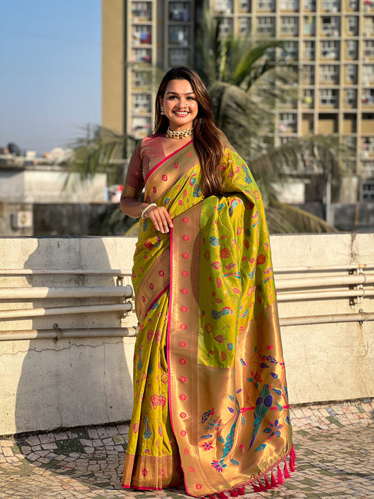 Mehandi Banarasi Silk Blend Saree With Blouse Piece