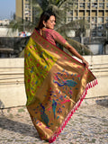 Mehandi Banarasi Silk Blend Saree With Blouse Piece