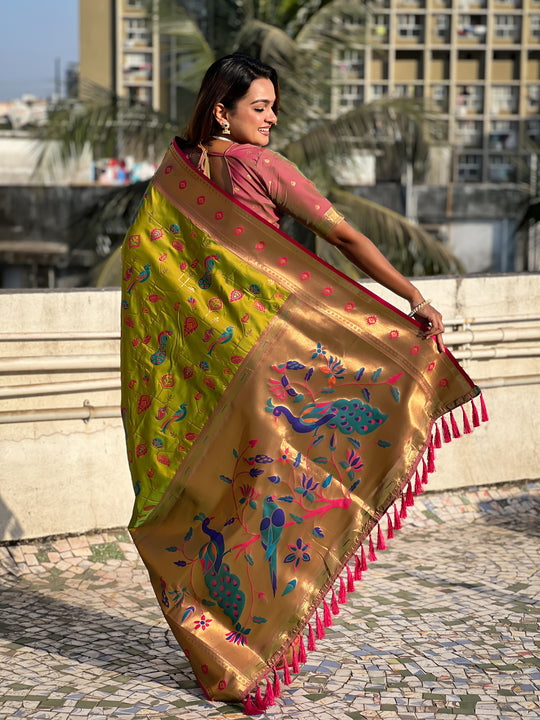 Mehandi Banarasi Silk Blend Saree With Blouse Piece