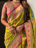 Mehandi Banarasi Silk Blend Saree With Blouse Piece