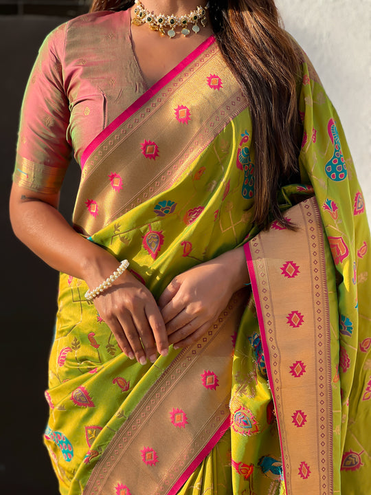 Mehandi Banarasi Silk Blend Saree With Blouse Piece