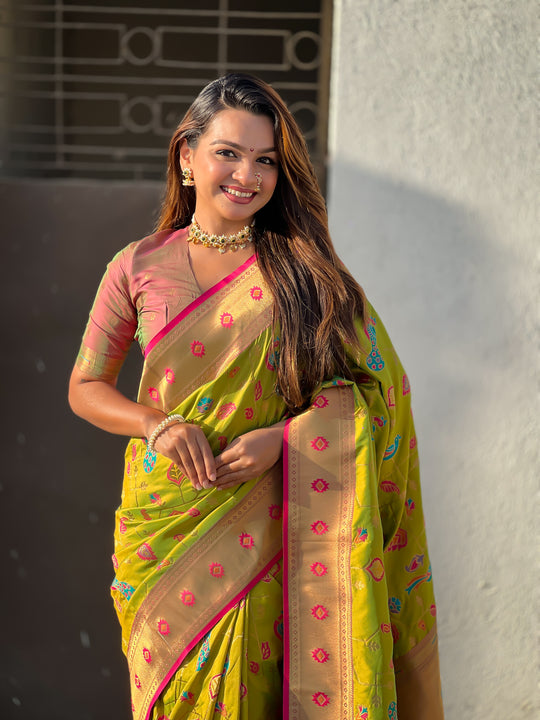 Mehandi Banarasi Silk Blend Saree With Blouse Piece