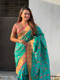 Pista Banarasi Silk Blend Saree With Blouse Piece