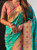 Pista Banarasi Silk Blend Saree With Blouse Piece