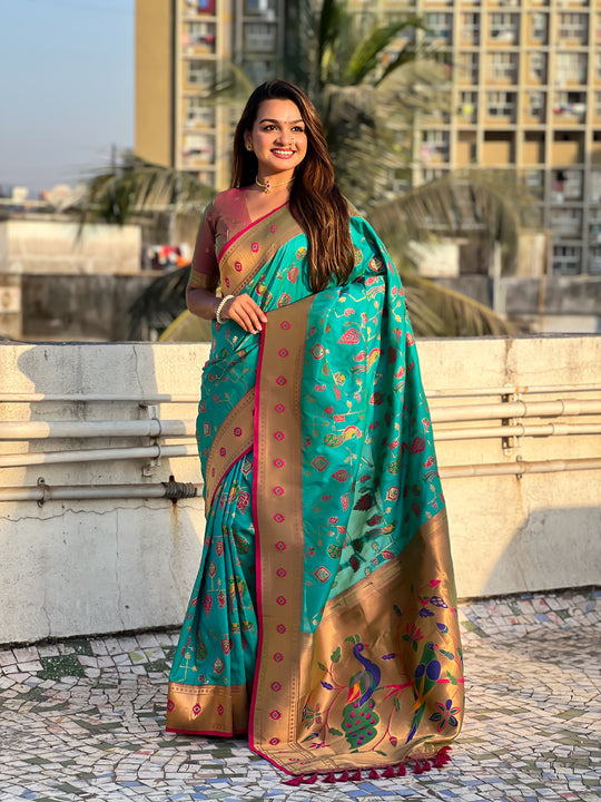 Pista Banarasi Silk Blend Saree With Blouse Piece
