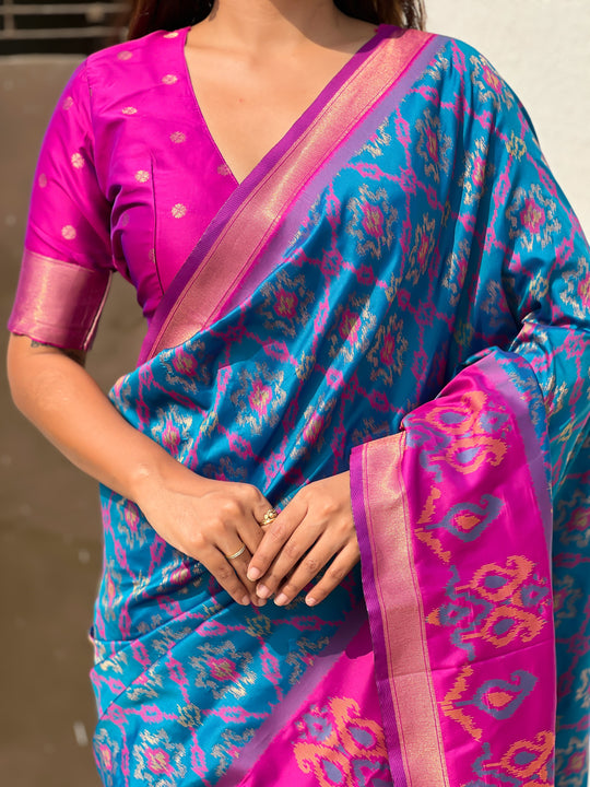 Blue Banarasi Silk Blend Saree With Blouse Piece
