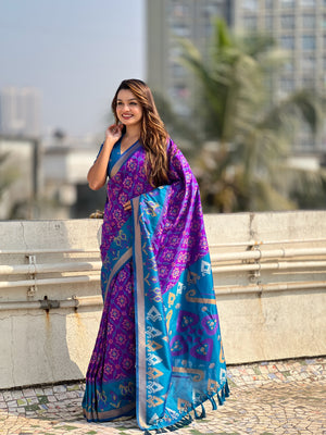 Purple Banarasi Silk Blend Saree With Blouse Piece