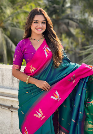 Green Banarasi Silk Blend Saree With Blouse Piece