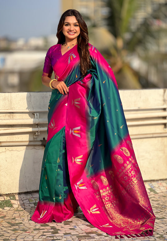 Green Banarasi Silk Blend Saree With Blouse Piece
