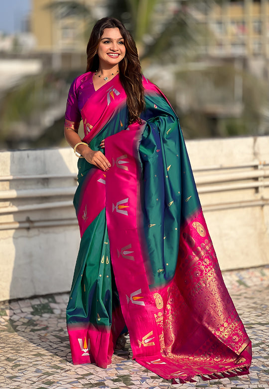Green Banarasi Silk Blend Saree With Blouse Piece