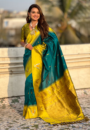 Green Banarasi Silk Blend Saree With Blouse Piece