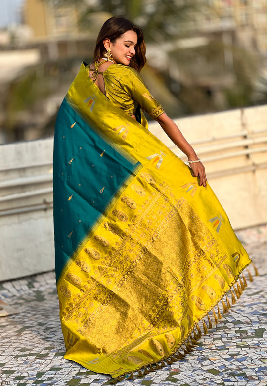 Green Banarasi Silk Blend Saree With Blouse Piece