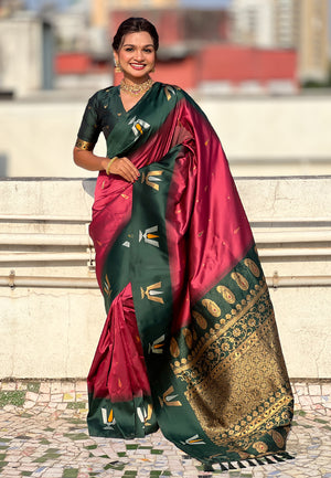 Cherry Banarasi Silk Blend Saree With Blouse Piece